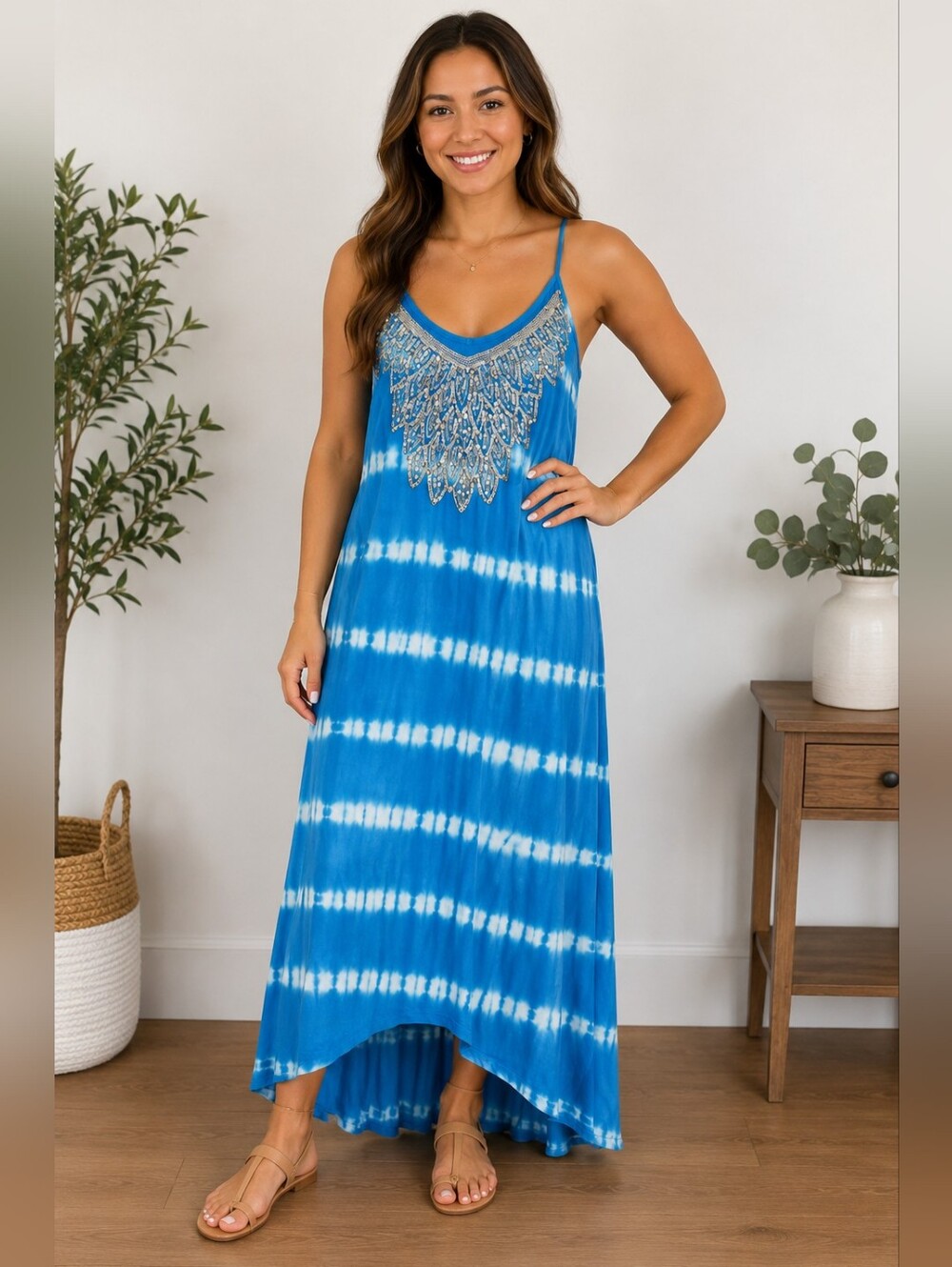 INC Racerback Turquoise & White Tie-Dye High-Low Maxi Dress with Sequins Size P